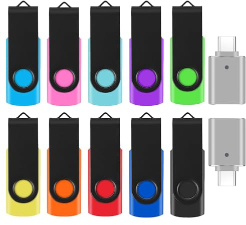 10 Pack 16GB Flash Drives with 2 USB C Adapters, Thumb Drive, Memory Stick Compatible with PC, Laptops, Mac and Adapters for USB C Devices (10 Mixed Color)