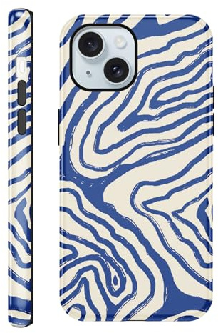 Yirlbey Gestreift Sommer Handyhülle für iPhone 15 Hülle 6,1, Aesthetic Summer Stripes Striped Streifen Muster Design für Mädchen Schutzhülle Zweischichtige Stoßfest Bunt Silikon TPU Case, Blau Linie