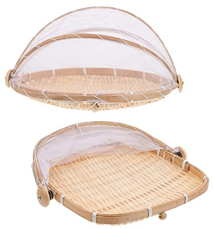 PEPLAYTAL 2pcs Multi-function Bamboo Baskets Mosquito-proof Mesh Covers, Small Round (30x18cm) and Square (28cm) Woven Fruit and Vegetable Storage for Household Use