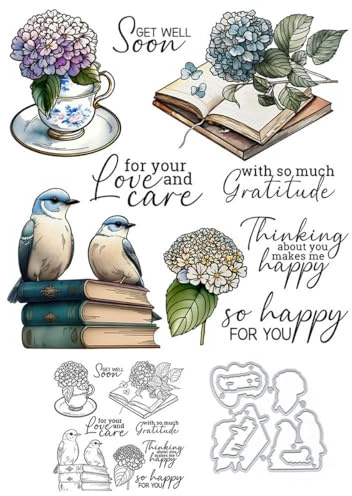 Hortensien-Blumen-Stempel und Stanzformen für Kartenherstellung, Vögel, Buch, transparentes Silikon, transparenter Stempel und Metall-Stanzformen, Sets für DIY, Scrapbooking, Papierbasteln, Siegel