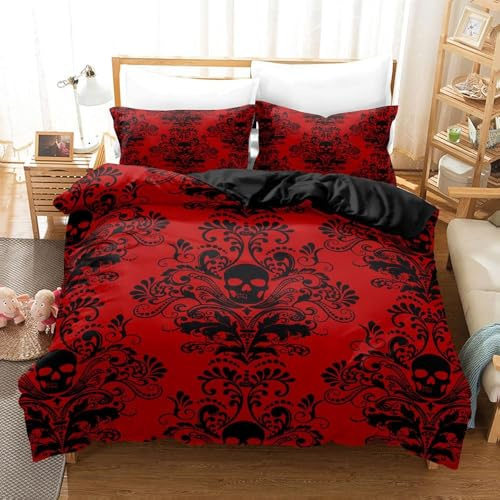 LinQton Skull Duvet Cover Set Black Skull Bedding Set for Adults Gothic Boho Floral Duvet Cover Soft Microfiber Bohemian Comforter Cover,Halloween Birthday Gifts (Red,Single)