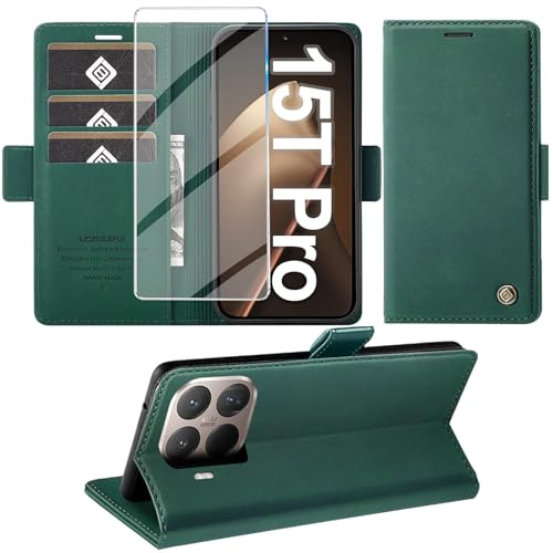 Giyer Handyhülle für Xiaomi 15T Pro 5G Hülle mit Schutzfolie, PU Leder Wallet Kartenfach Standfunktion Stoßfest Flip Case Schutzhülle für Xiaomi 15T Pro 5G Klapphülle Cover Tasche (Grün)
