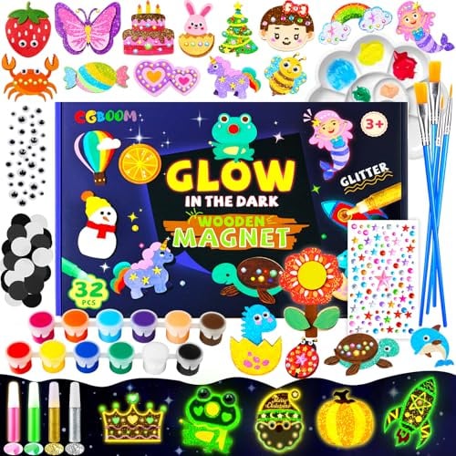 CGBOOM Bemalen Set kinder, Bastelset Kinder 32 Stück Nachleuchtend Kühlschrankmagnet zum Bemalen und Basteln Holz Magnet Bemalen Geschenk für Mädchen Jungen ab 3 4 5 6 7 8 Jahre