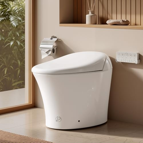 ELLAI Toilette artistica bianca intelligente con potente scarico, altezza confortevole, acqua calda istantanea e asciugatrice, telecomando, sensore del piede, scarico automatico, sedile riscaldato