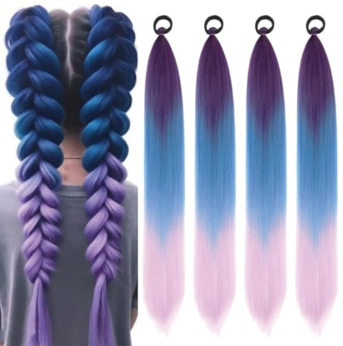 4 ciocche di capelli da intrecciare, per uno stile creativo, 65 cm, ciocche sintetiche, ideali per feste, matrimoni e uso quotidiano (viola/blu cielo)