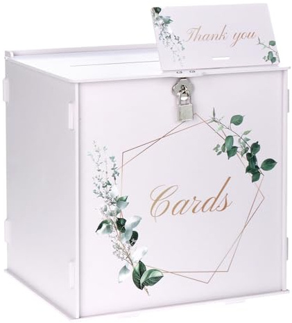 QWORK® 26 CM Elegante Hochzeitskartenbox mit Schloss und Dankeskarte – Weiße PVC-Geschenkbox für Hochzeitsempfang und Partydekoration