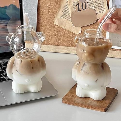Generisch 2 Stück Cute Bär Trinkgläser Mit Strohhalm, Süße Bär Kaffeegläser, Tumbler Gläser Set Geschenke Für Frauen