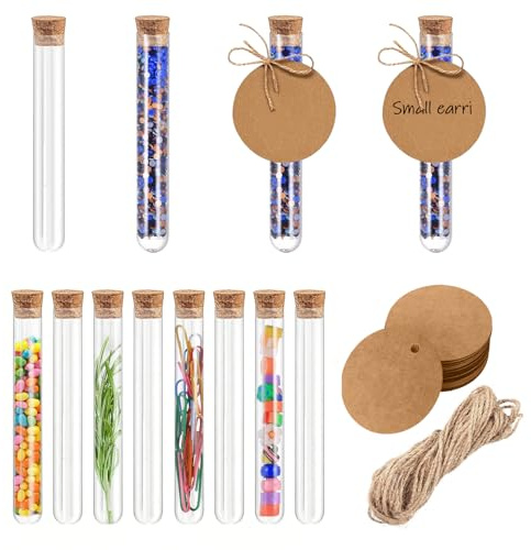 60 Stück Reagenzgläser Kunststoff mit Korken + Etiketten & Hanfseil | Transparent leicht bruchsicher Korken dicht inkl 60 Kraftetiketten & Hanfseil für Labor Bonbons DIY Hochzeit Deko