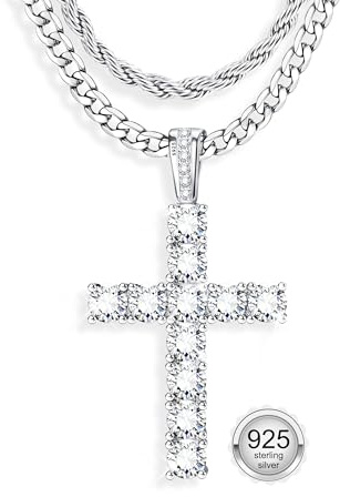 JeryWe Kreuz Kette Herren 925 Sterling Silber CZ Kreuzkette Silber Nicht Verblassen Robuste Kreuz Anhänger mit Edelstahl Kubanische Kette Halskette 41-51cm