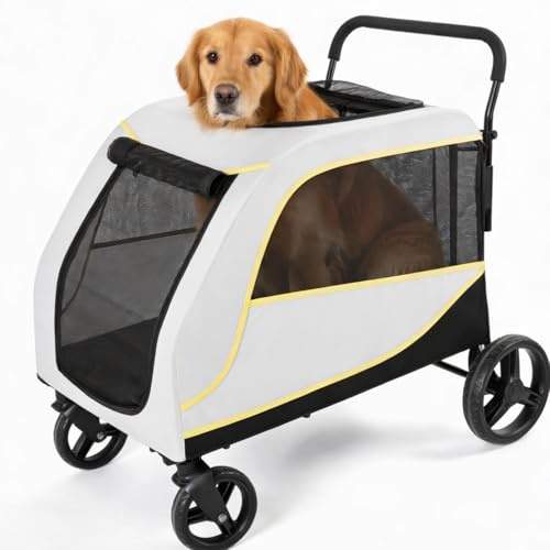 GarveeLife 2-in-1 Hundewagen, Hundebuggy Klappbar Für Große Und Mittelgroße Hunde & Katzen, Haustiere Buggy Faltbar Mit Netzfenstern, Getränkehalter, Verstellbarem Griff & 360° Räder, Bis 50 kg (weiß)