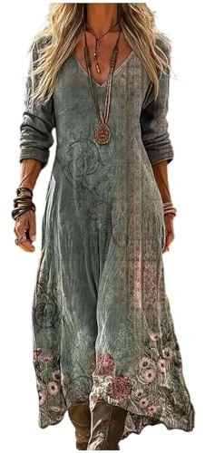 Maxi Dresses for Women V Neck 3 4 Sleeve UK Casual Boho Flowy Ladies Summer Holiday Clothing Evening Party Wedding Beach Home Plus Size Vintage Long Dress