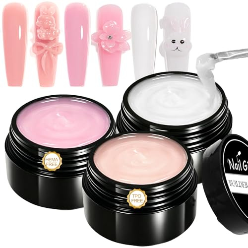 NAILGIL 3 Pots Builder Gel - HEMA-Free & MMA-Free, White Nude Pink Hard Gel for Nail Extensions, UV/LED Curing Nail Enhancement Gel for Salons & Home Manicures