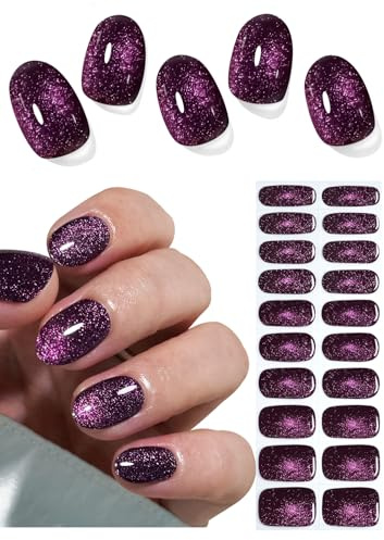 UV Nagelfolie, 20pcs Plum Katzenaugen Nagelfolien Selbstklebend, No UV Nagellampe Needed, Semi Cured Gel Nagelsticker zum aufkleben für Nagel DIY