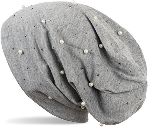 styleBREAKER Beanie Mütze mit Perlen und Strass Nieten, Slouch Longbeanie, Damen 04024140, Farbe:Grau meliert