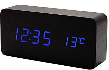 Lancoon HöLzerne Digitaluhr Multifunktions Led Wecker Mit Uhrzeit/Datum/Temperaturanzeige Und Sprachsteuerung Für Home Office Reisen AC11Black_Blue