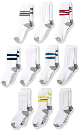 Amazon Essentials Boys' Cotton Cushioned Crew Sports Socks, 10 Pairs, White Stripes, 6-7 Years