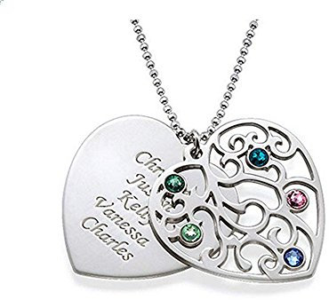 Corazón Personalizado Árbol de Familia Collar de Piedra Natal Grabado 5 Nombres: Plata de Ley 925 Chapado en Oro Rosa Placa de identificación