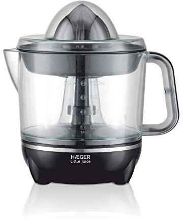 HAEGER LITTLE JUICE - Exprimidor de Cítricos con 25W de potencia, capacidad de 700ml, Rotación de cono bidireccional, 2 conos de presión, tapa protectora, filtro para pulpa