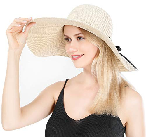 Lanzom Womens Wide Brim Straw Hat Big Floppy Foldable Roll up Cap Beach Sun Hat UPF 50+ (Style L-Beige), Style L-beige, One Size