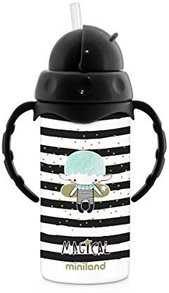 Miniland THERMOKID MAGICAL, Isolierflasche mit Trinkhalm, Isolierflasche mit seitlichen Griffen, schwarz und weiß