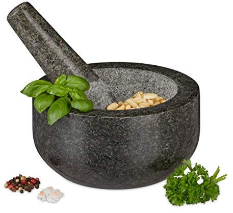 Relaxdays 10029956 Granito, Resistente y Duradero, Especias, Hierbas, mortero de Piedra Pulida, diámetro de 16 cm, 400 ml, Gris