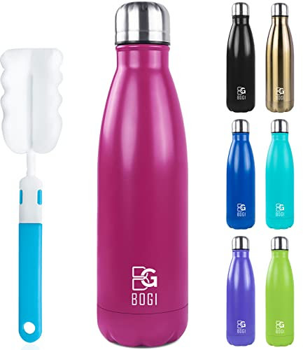 BOGI Insulated Water Bottles,750ml Metal Water Bottle,Leakproof Stainless Steel Water Bottle Keep Hot and Cold Water Bottle Bike Gym Sports Water Bottle for Girls Kids with Cleaning Brush(HPink)