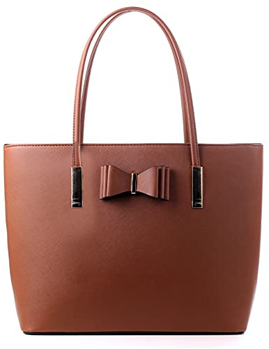 WEDMAY Women's School Handbag, Large Tote Bag with Zip and Bow | Fits 15.6 inch laptop, A4 folders, top zip closure, bow design, faux leather, structured base stands upright, inner pockets