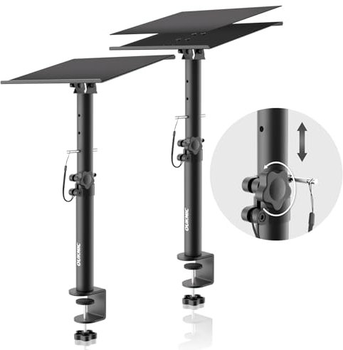OUKMIC Clamp On Desktop Speaker Stand Holder Pair, Heavy Duty Audio Studio Monitor Stands Riser Tilt Height Adjustable, Universal Desk Mount Shelf Tray for Subwoofer Surround Sound Bookshelf Laptop