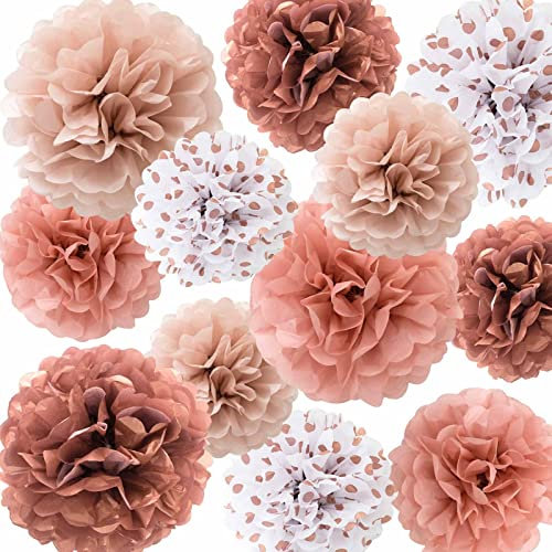 ANSOMO Roségold Seidenpapier Pompons Blumen Hochzeit Geburtstag Braut Babyparty Party Dekorationen 30,5 cm 25,4 cm 12 Stück