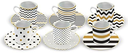 Karaca Nossa Set of 6 Coffee Cups, with Saucer-Turkish Coffee and Espresso Cups, Mocha Cups Set Made of Porcelain-Traditional Porcelain Coffee Service