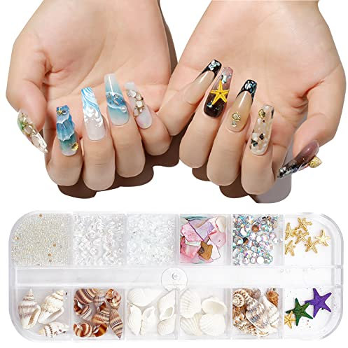 NICENEEDED Ocean Themed Nail Decorations Kit, Irregular Abalone Shell Slices Conch Starfish Nail Art Charms, Colorful Seashell Fragments Caviar Beads Nail Studs Supplies for Nail Design(Style 5)