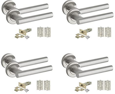 Golden Grace T-Bar Latch Door Handles with Hinges, Satin Nickel Finish | Complete pack includes 4 sets with 63mm tubular latches, screws, spindles and ball bearing hinges for easy, tidier setup.