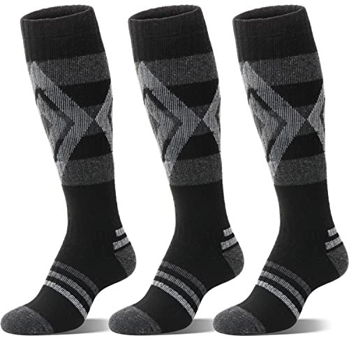 Welwoos Merino Wollsocken Skisocken Warme Thermosocken Dicke Thermo Wintersocken für Damen Herren Winter Geschenke Ski Socken 3 Paare(Diamant-Schwarz,M)