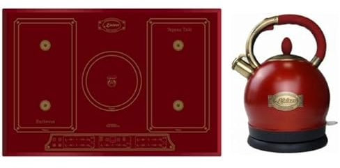 Kaiser Induktions-Kochfeld, Induktionskochfeld,77cm,FREE ZONE,PowerBoost 4,3 KW,Barbecue und Teppan Yakin+WK 2000 RotEm Retro Wasserkocher Kontroll LED 2 L 1800 W Rotation