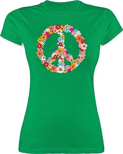 Shirt Damen - Sprüche Statement - Peace Flower Power Hippie Peace Zeichen I Friedenszeichen I 90er I 70er - XL - Grün - friedensshirt Funshirts mit Aufschrift 90s Tshirt Hippy Style