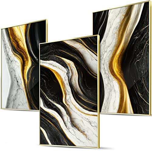 BLCKART Marmor Flow Große Wandbilder Wohnzimmer - 3x 50x70cm - Abstrakte Schwarz Weiß Gold Bilder Schlafzimmer Deko XL Poster Set Groß