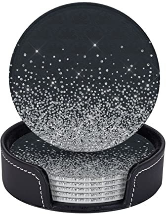 Black Silver Glitter Diamond Sparkly,Round Coasters, Mugs Pad, Cups Mat Set of 6 Leather Drinks Coasters with Holder