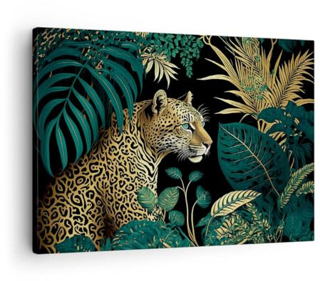 Bilder auf Leinwand Leopard Dschungel Tropisch Leinwandbild 70x50cm Wandbilder Dekoration Wohnzimmer Schlafzimmer Küche Deko Klein Wanddeko Bild Wand Kunstdruck Art Wall Decor Canvas AA70x50-5720