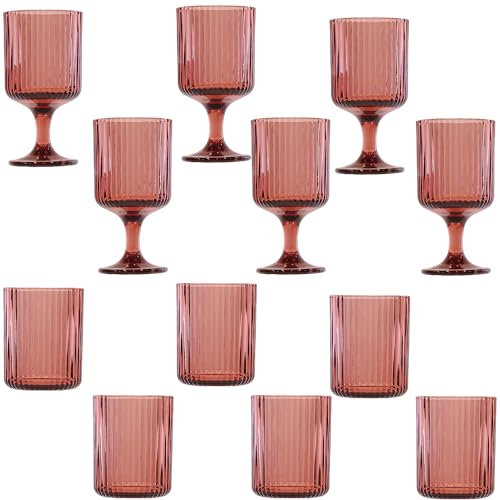 KEDEA Offerta 6 Bicchieri Acqua + 6 Calice Acqua Effetto Lucentezza, Lavabili In Lavastoviglie, Bicchieri Calici In Pasta Colore Multicolore Charleston Colore ROSA