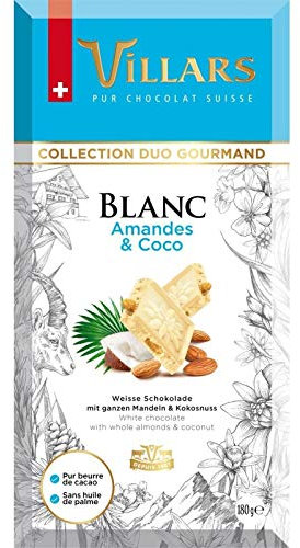 VILLARS - Tablette Chocolat Blanc Amandes Coco 180G - Quatre Articles