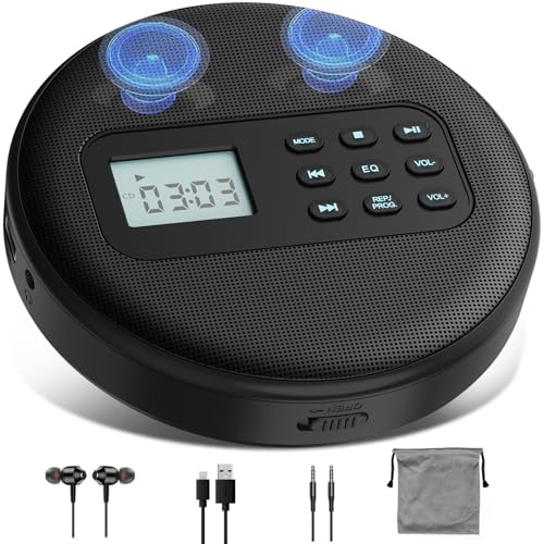 KUEPHOM Portable CD Player with Headphones and Built-in Speakers | Rechargeable, Discman Anti-Skip Protection, CD/USB/MP3 Player, Backlit, For Personal/Car/Travel/Music/Audiobook