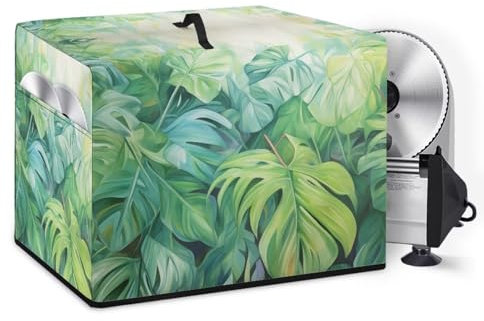 NETILGEN Meat Slicer Cover Kitchen Small Appliance Dust Cover Cheese Bread Slicer Cover Durable Protective Cover Bag with Top Handle and Accessories Pocket, Green Monstera Leaf