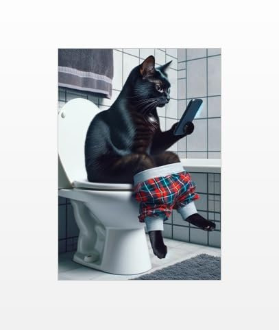 Parksmoonprints A4 Black Cat Sitting on the Toilet on a mobile phone - Funny Animal Print Kitten Picture Bathroom Wall Art Sign Loo Ensuite Sign