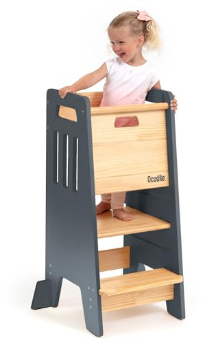OCODILE Toddler Tower with a Sliding Door and 3 Adjustable Heights - Safe Toddler Kitchen Stool Helper with Support Feet - Updated Design for 18+ Months to 6-Year-Old Kids - Gray