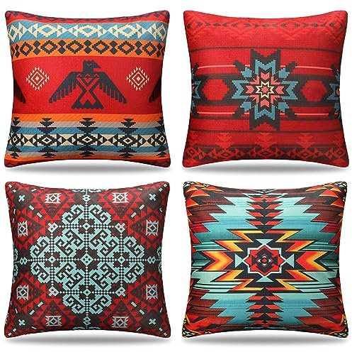 Cheekywares Deko Kissenbezug 45 x 45 cm Rote Ethno Leinen Kissenbezüge Boho Sofakissen Kissenhülle 4er Set Modern Dekokissen Zierkissenbezüge für Sofa Schlafzimmer Wohnzimmer Outdoor Weihnachten