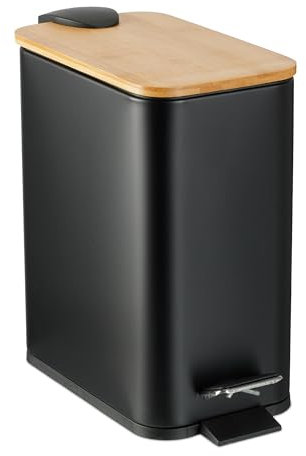 Relaxdays Cubo de Basura Baño 5 L, Rectangular, Papelera con Pedal, Tapa Bambú, Bote Interior Extraíble, Metal, Negro, 28,5 x 14,5 x 27 cm