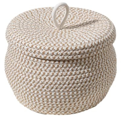 Panier de rangement rond avec couvercle pour clés - Petits paniers de rangement en corde de coton tissé - Pots d'intérieur - Panier de rangement pour plantes