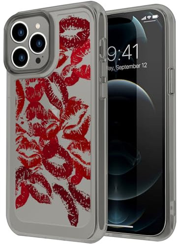 Monsully Black Translucent Case for iPhone 13 Pro Max, Heart Lip Print Halloween Pattern Phone Case Slim Hard Back with Shockproof Non-Slip Soft TPU Silicone Bumper for iPhone 13 Pro Max 6.7