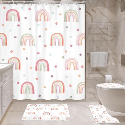 Ufeela Lot de 4 rideaux de douche arc-en-ciel pour filles – 183 x 183 cm – Tapis de salle de bain, housse de couvercle de toilette, tapis en forme de U, ensemble de salle de bain bohème, mignon, rose