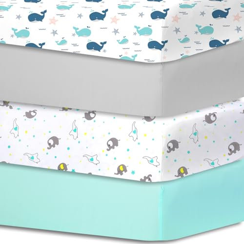 Draps-Housses pour lit bébé, lit Enfant, 70 x 140 cm, Whale and Elephant Patterns and Two Colors of Aqua Green and Light Grey, certifié Oeko-TEX Standard 100, Lot de 4